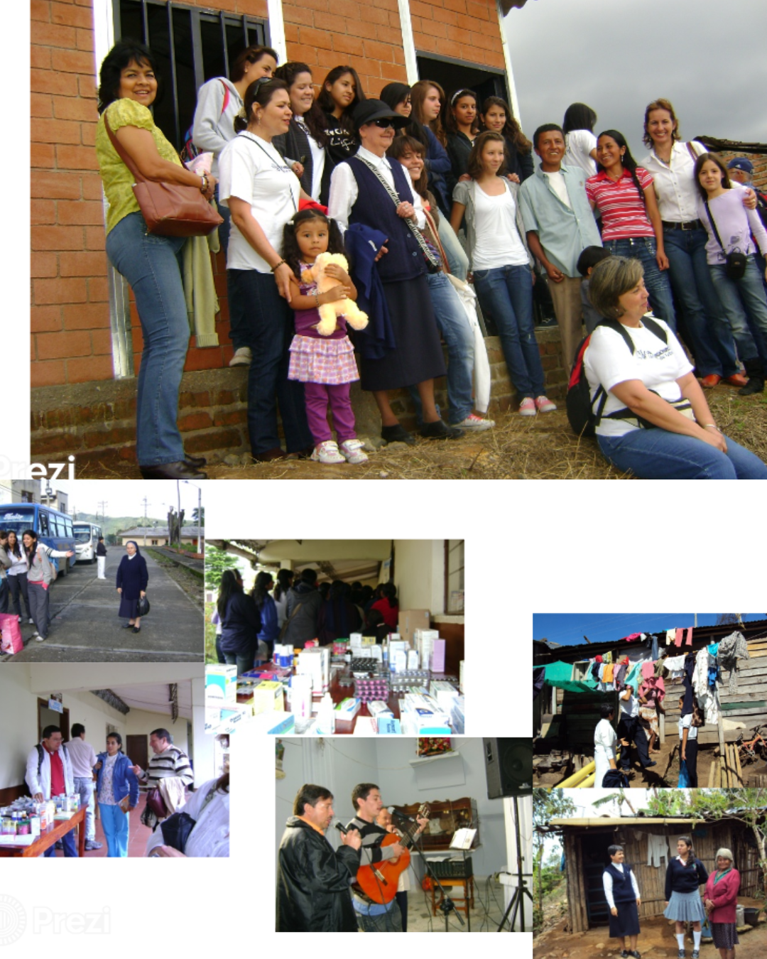 Group of volunteers and community members participating in health brigades and aid distribution.