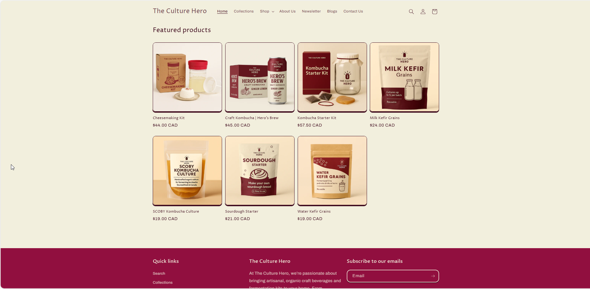 Featured products section with cards